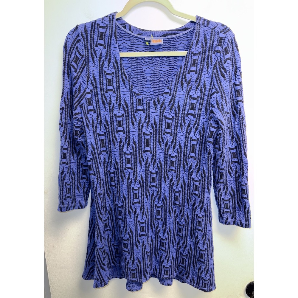 TIANELLO Tunic Top Blouse Textured Knit V Neck Long Sleeve Blue Black Numi Small